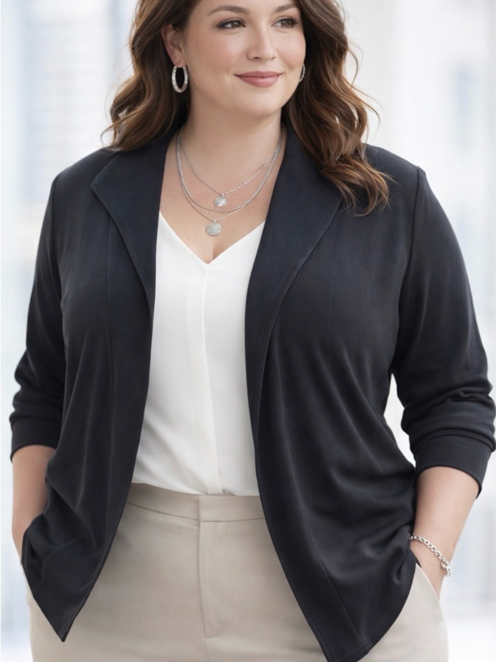 Travelers Chicos Classic Black Open-Front Slinky Knit Blazer Minimalist Office